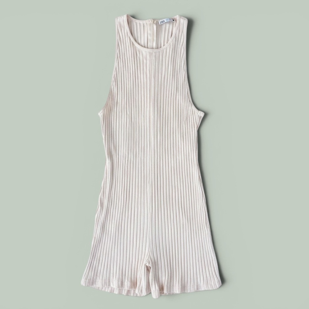 Zara Romper Women XL Cream Ribbed Sleeveless Racerback Mini Jumpsuit